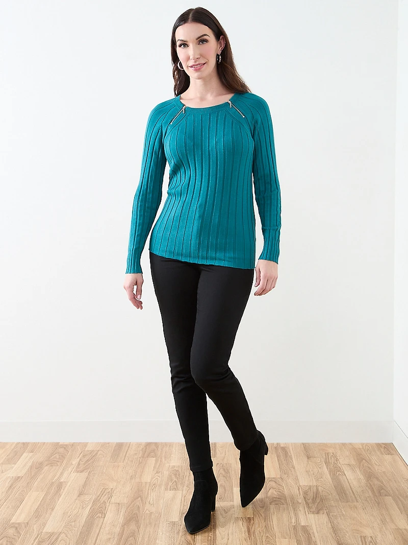 Long Sleeve Knit Zip Shoulder Sweater