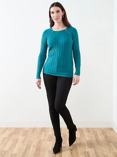 Long Sleeve Knit Zip Shoulder Sweater