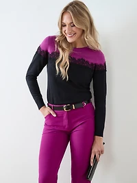 Long Sleeve Lace Trim Pullover