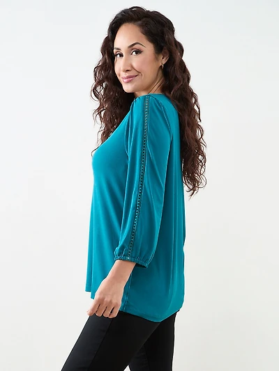 Petite 3/4 Sleeve Crochet Insert Top