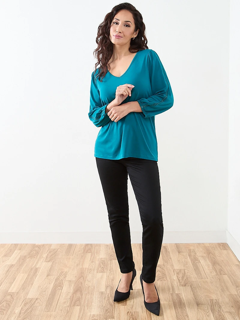 Petite 3/4 Sleeve Crochet Insert Top