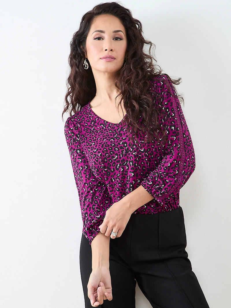 Petite 3/4 Sleeve Crochet-Insert Top