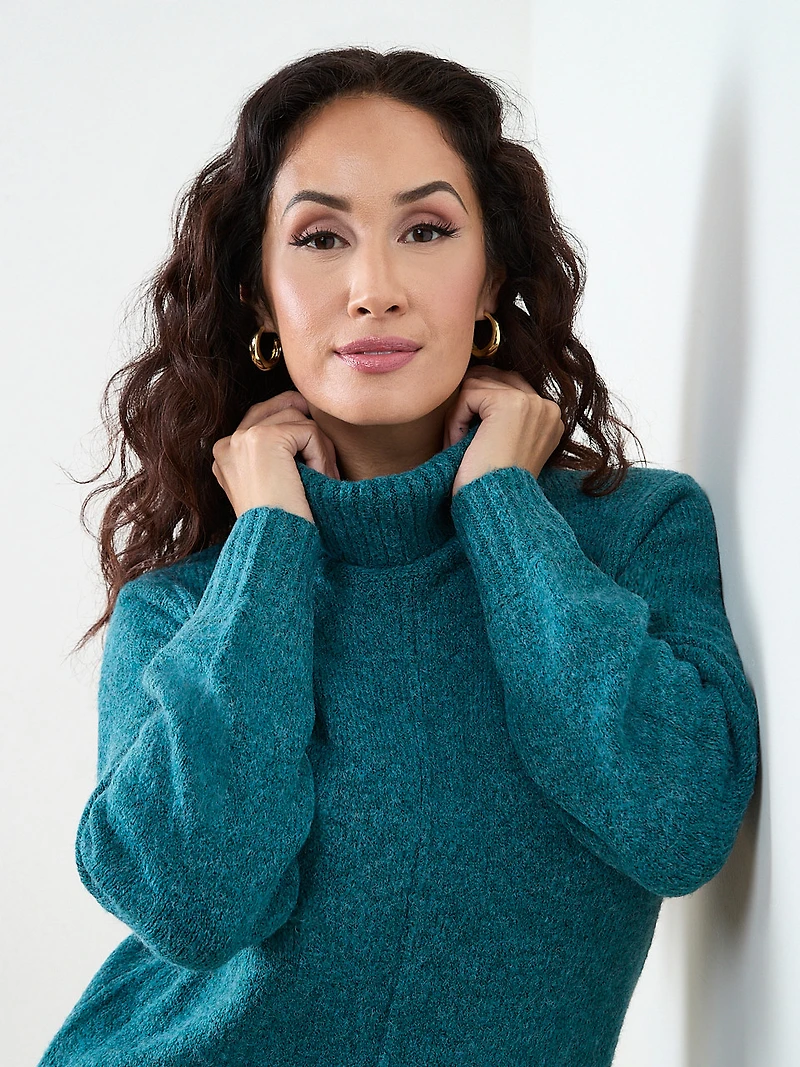Petite Long Front Slit Turtle Neck Sweater