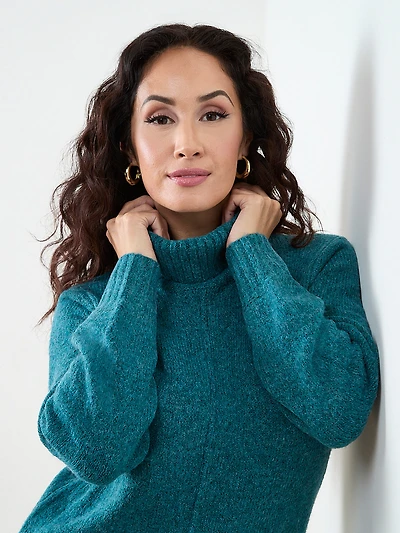 Petite Long Front Slit Turtle Neck Sweater