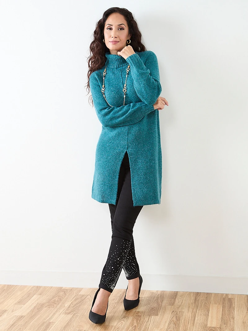 Petite Long Front Slit Turtle Neck Sweater