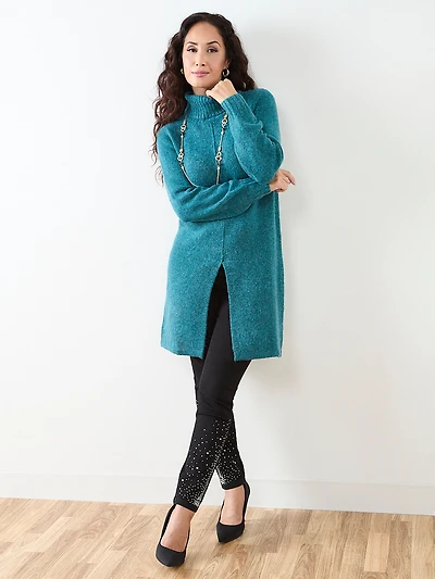 Petite Long Front Slit Turtle Neck Sweater