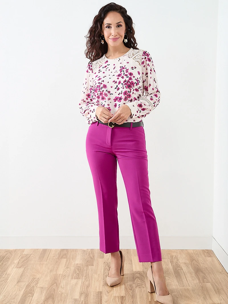 Petite Long Sleeve Blouse with Crochet Detail