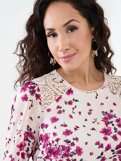 Petite Long Sleeve Blouse with Crochet Detail