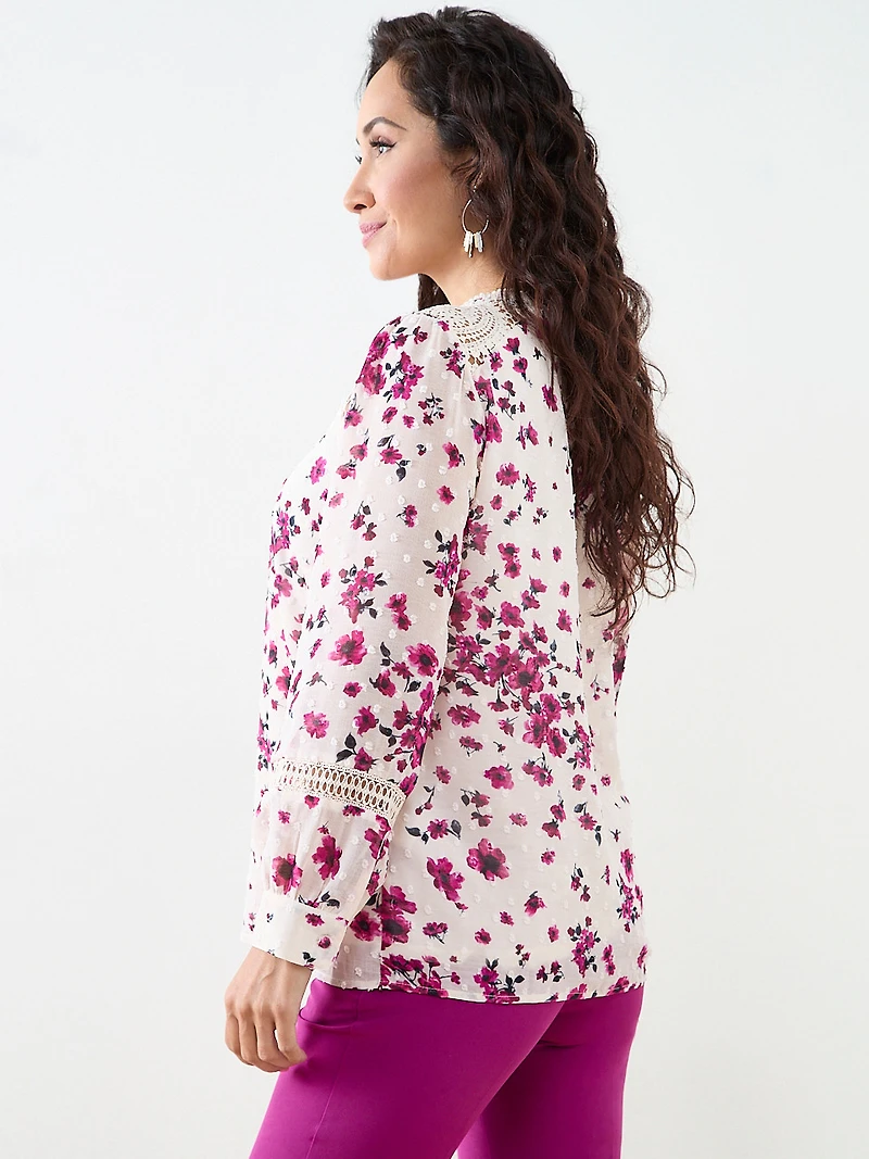 Petite Long Sleeve Blouse with Crochet Detail