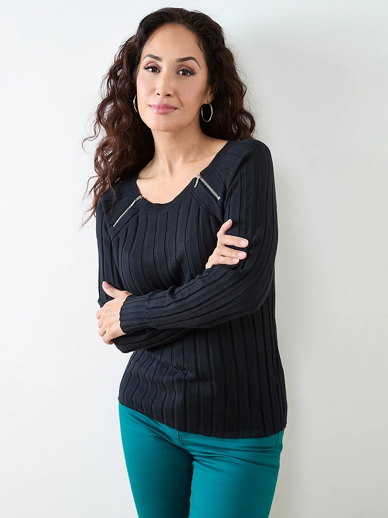 Petite Long Sleeve Knit Zip Shoulder Sweater