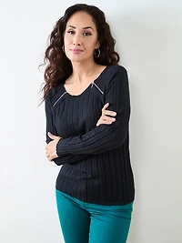 Petite Long Sleeve Knit Zip Shoulder Sweater
