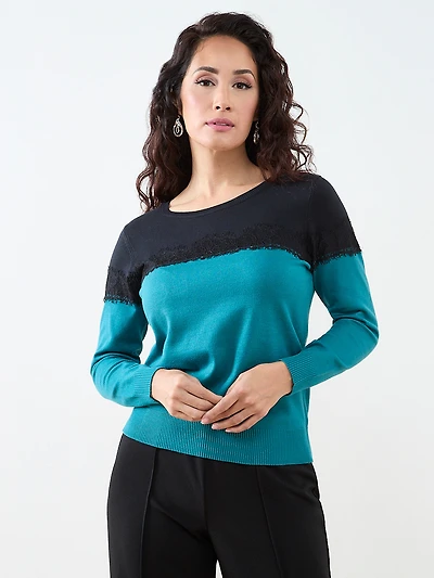 Petite Long Sleeve Lace Trim Pullover