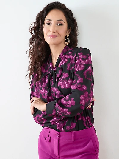 Petite Long Sleeve Removable Bow Blouse