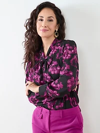 Petite Long Sleeve Removable Bow Blouse