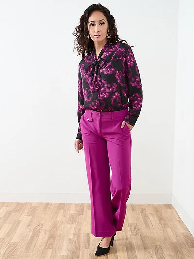 Petite Long Sleeve Removable Bow Blouse