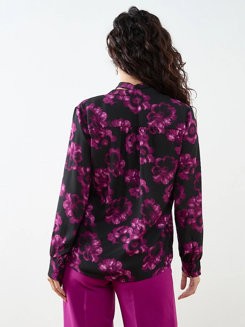 Petite Long Sleeve Removable Bow Blouse