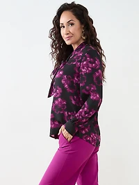 Petite Long Sleeve Removable Bow Blouse
