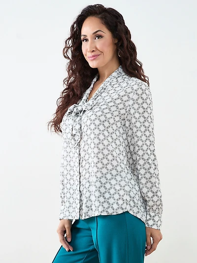 Petite Long Sleeved Removable Bow Blouse