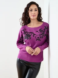 Petite Long Sleeve Scroll Embroidered Sweater