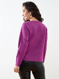 Petite Long Sleeve Scroll Embroidered Sweater