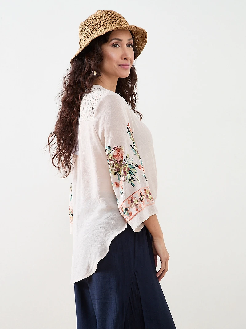 Petite 3/4 Embroidered Sleeve Tunic Blouse