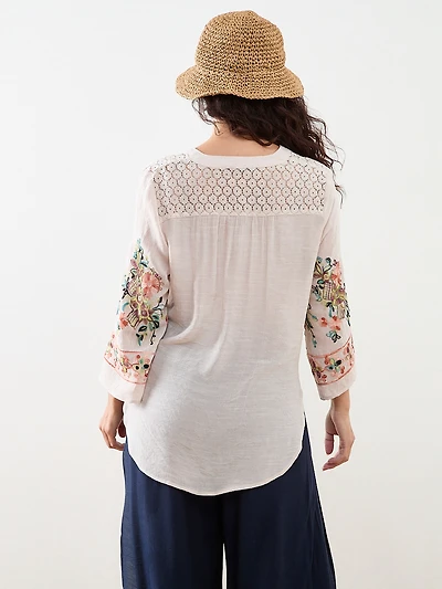 Petite 3/4 Embroidered Sleeve Tunic Blouse