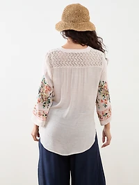 Petite 3/4 Embroidered Sleeve Tunic Blouse