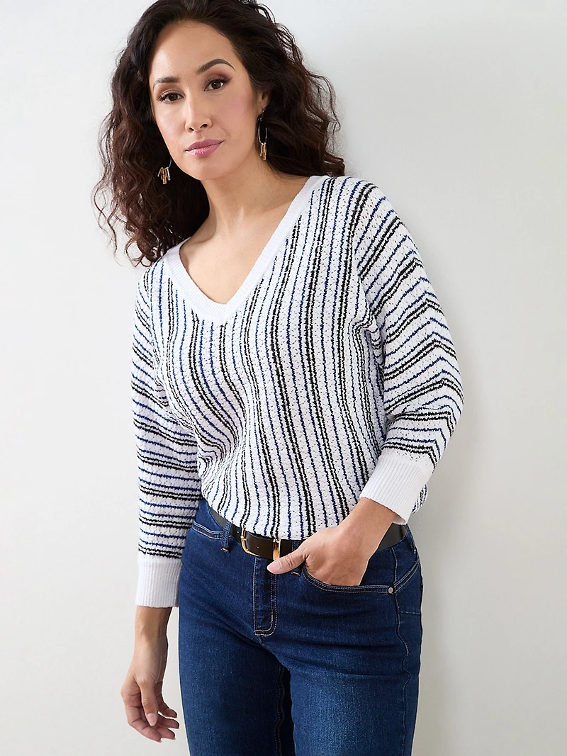 3/4 Sleeve Striped V-Neck Sweater