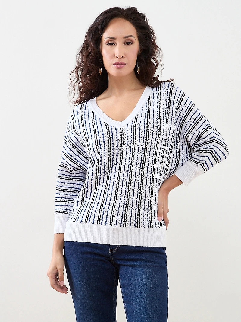 3/4 Sleeve Striped V-Neck Sweater