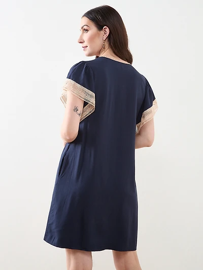 Crochet Detail Flutter Sleeve Dress