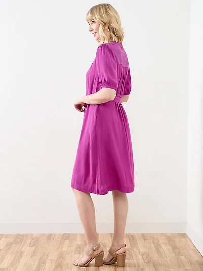 Elbow Sleeve Crochet Insert Midi Dress