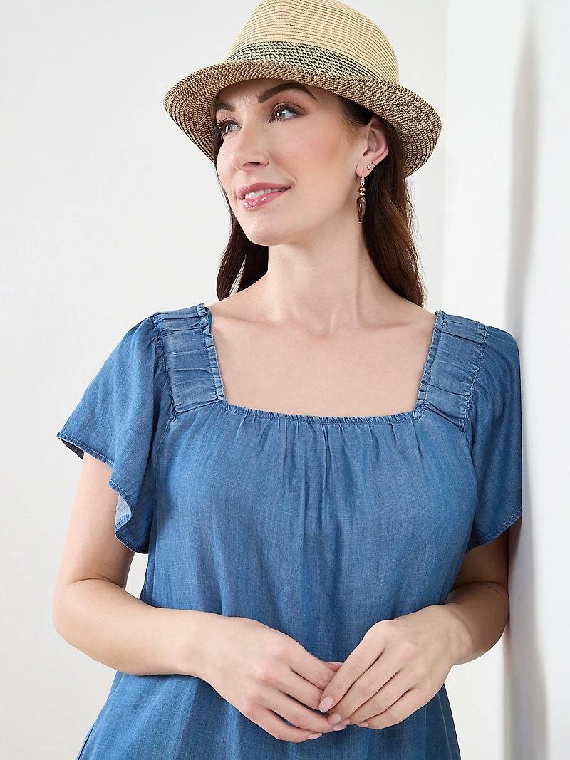 Flutter Sleeve Dress with Embroidered Hem