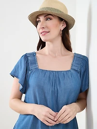 Flutter Sleeve Dress with Embroidered Hem