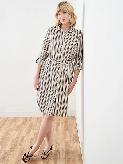 Linen Roll-Tab Sleeve Belted Dress