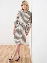 Linen Roll-Tab Sleeve Belted Dress