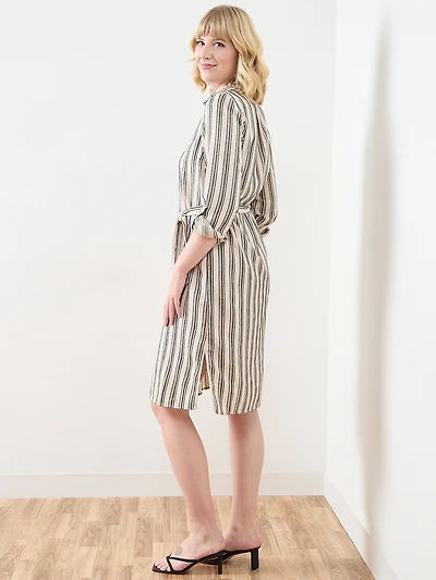 Linen Roll-Tab Sleeve Belted Dress