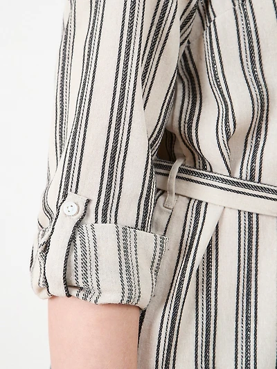 Linen Roll-Tab Sleeve Belted Dress