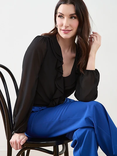 Long Sleeve Ruffle Front Blouse