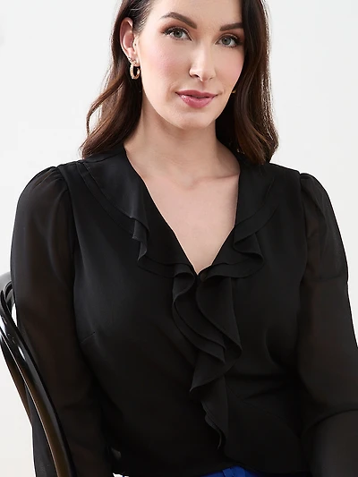 Long Sleeve Ruffle Front Blouse