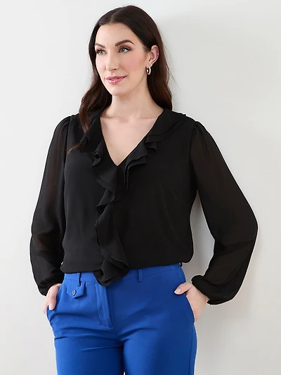 Long Sleeve Ruffle Front Blouse