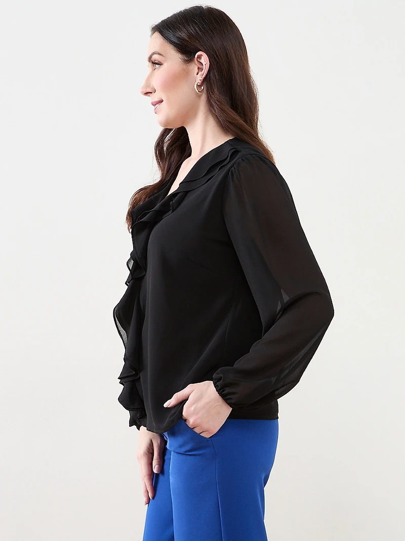 Long Sleeve Ruffle Front Blouse