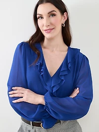 Long Sleeved Ruffle Front Blouse