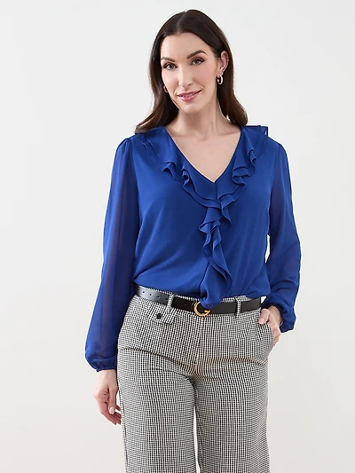 Long Sleeved Ruffle Front Blouse