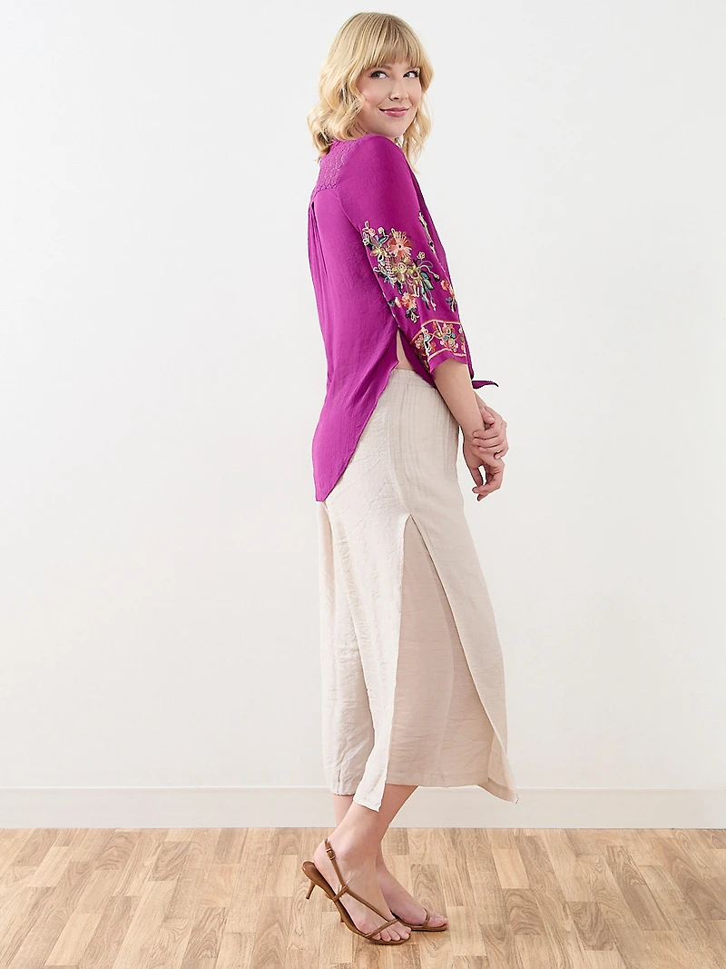 3/4 Embroidered-Sleeve Tunic Blouse