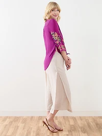 3/4 Embroidered-Sleeve Tunic Blouse