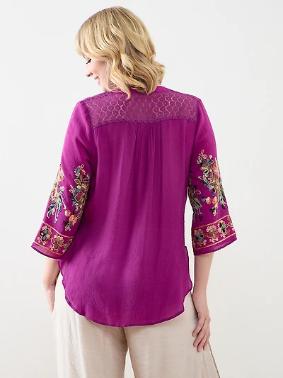 3/4 Embroidered-Sleeve Tunic Blouse