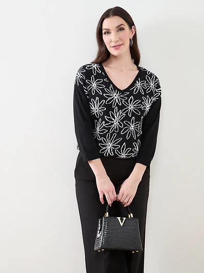 Petite 3/4 Sleeve Floral V-Neck Sweater