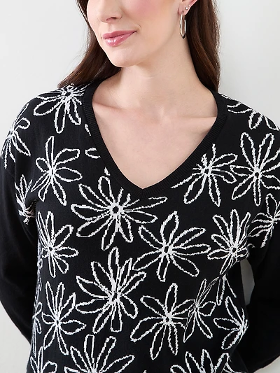 Petite 3/4 Sleeve Floral V-Neck Sweater