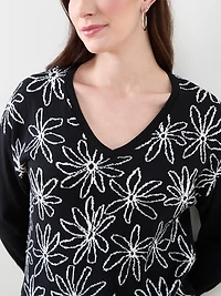 Petite 3/4 Sleeve Floral V-Neck Sweater