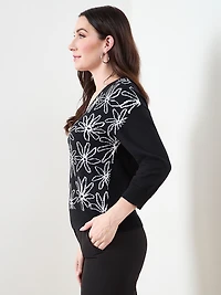 Petite 3/4 Sleeve Floral V-Neck Sweater